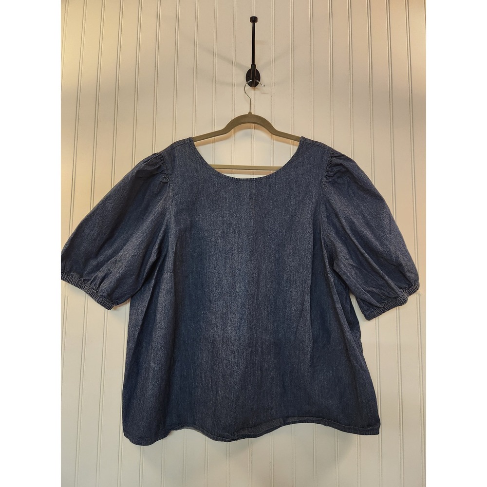 Eloquii Elements Women's Blue Denim Puff Sleeve Scoop Neck Blouse Top Size 24